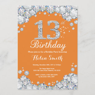 Invitación 13.º Naranja de cumpleaños y diamante plateado