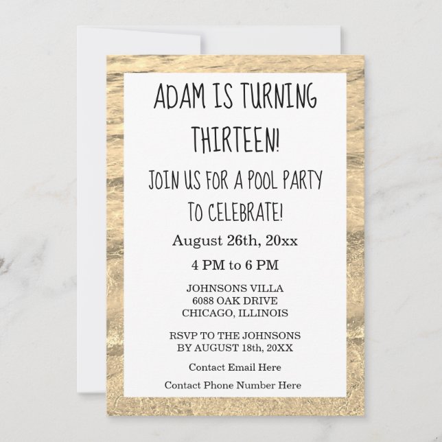 Invitación 13.º Personalizado de cumpleaños Edad Nombre Agua  (Anverso)