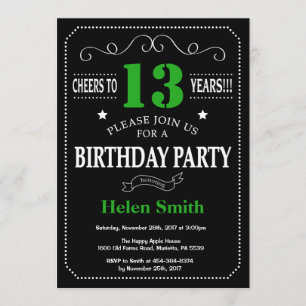 Invitación 13.º tablero negro y verde de cumpleaños