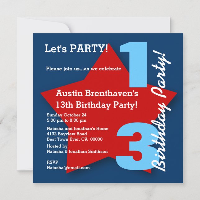 Invitación 13 Aniversario moderno de la marina azul rojo blan (Anverso)