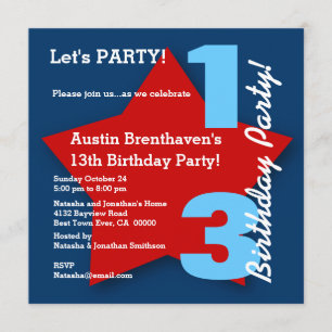 Invitación 13 Aniversario moderno de la marina azul rojo blan