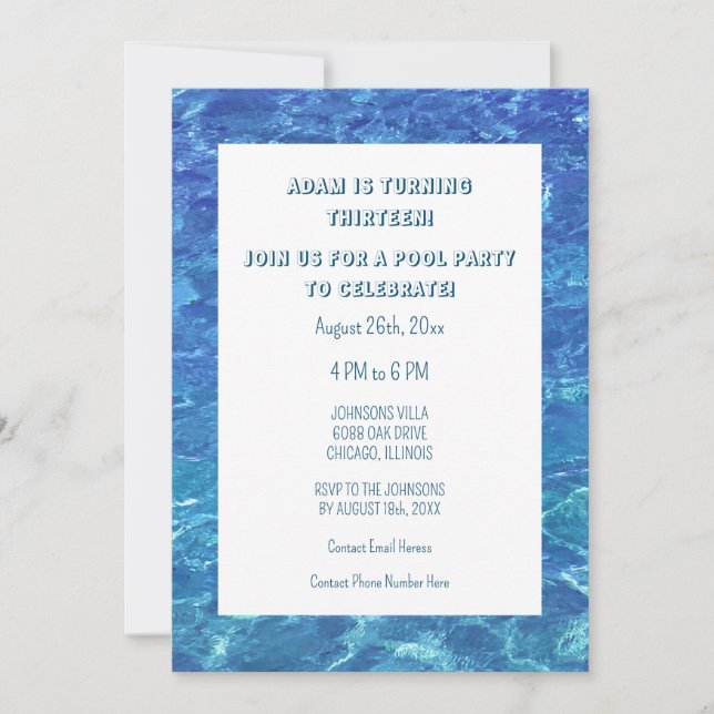 Invitación 13 años Piscina Azul Fiesta Personalizado de Agua  (Anverso)