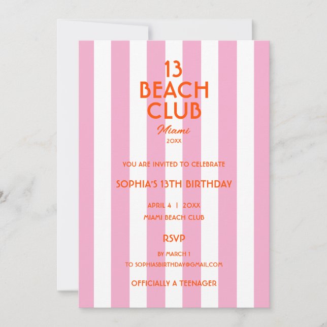 Invitación 13 Beach Club Cabana Stripe 13th Birthday Party  (Anverso)