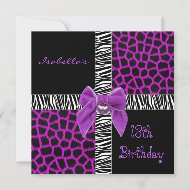 Invitación 13 cumpleaños adolescente Animal Morado (Anverso)