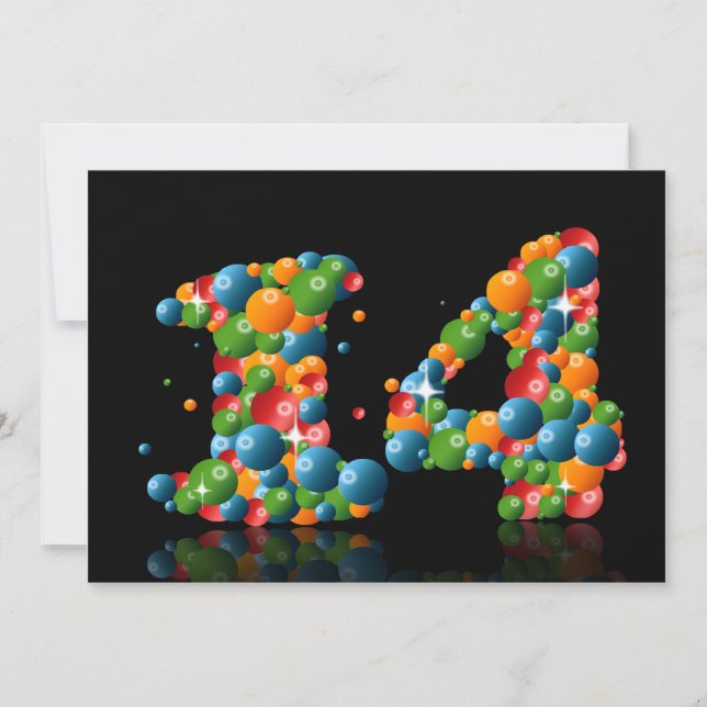 Invitación 14.ª fiesta de cumpleaños, con burbujas y bolas (Anverso)