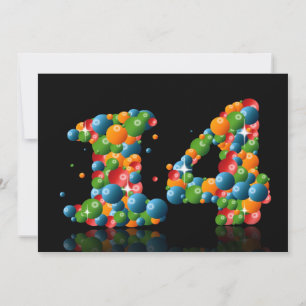 Invitación 14.ª fiesta de cumpleaños, con burbujas y bolas