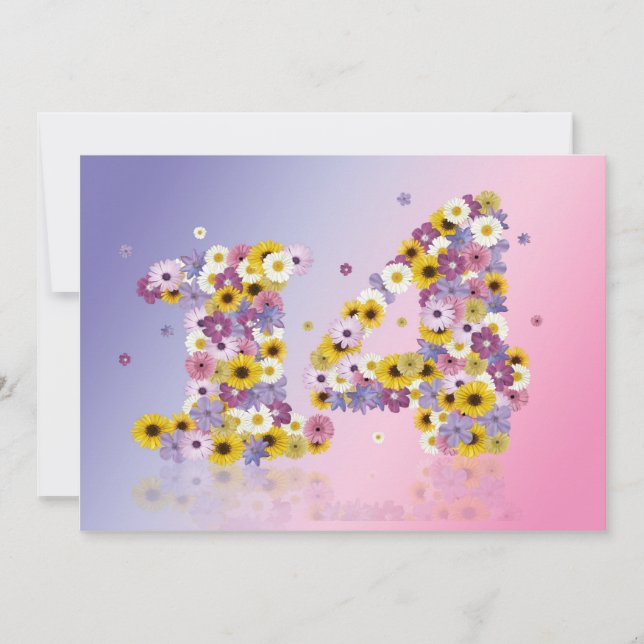 Invitación 14.ª fiesta de cumpleaños, con letras con flores (Anverso)