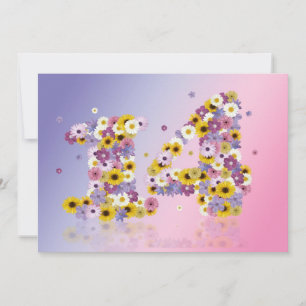 Invitación 14.ª fiesta de cumpleaños, con letras con flores