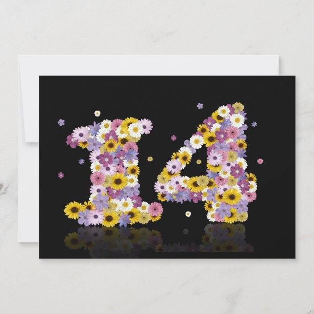 Invitación 14.ª fiesta de cumpleaños, con letras con flores (Anverso)