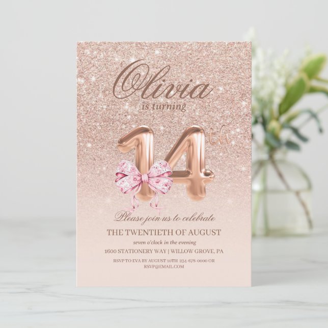 Invitación 14.ª fiesta de cumpleaños del Rosa Pink Gold Bow (Anverso de pie)