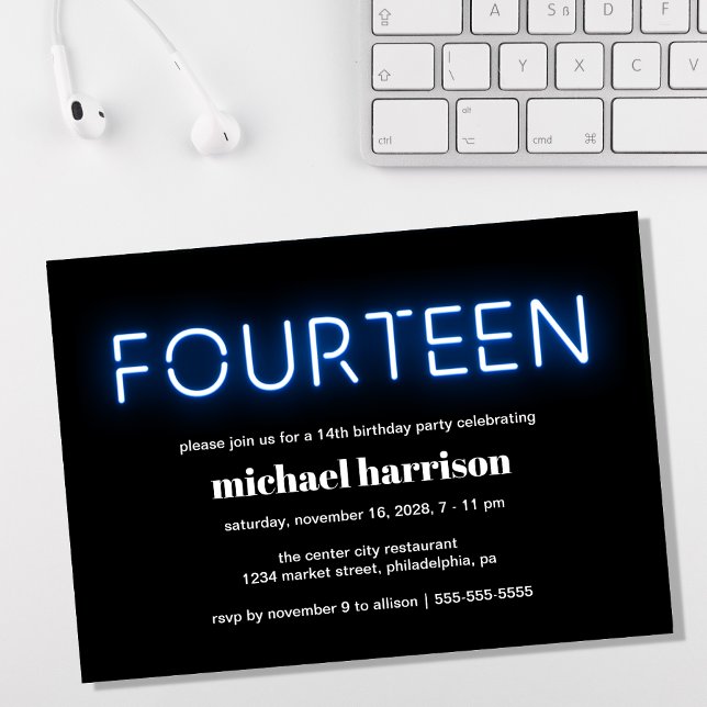 Invitación 14.ª fiesta de cumpleaños luces de neón azules (Subido por el creador)