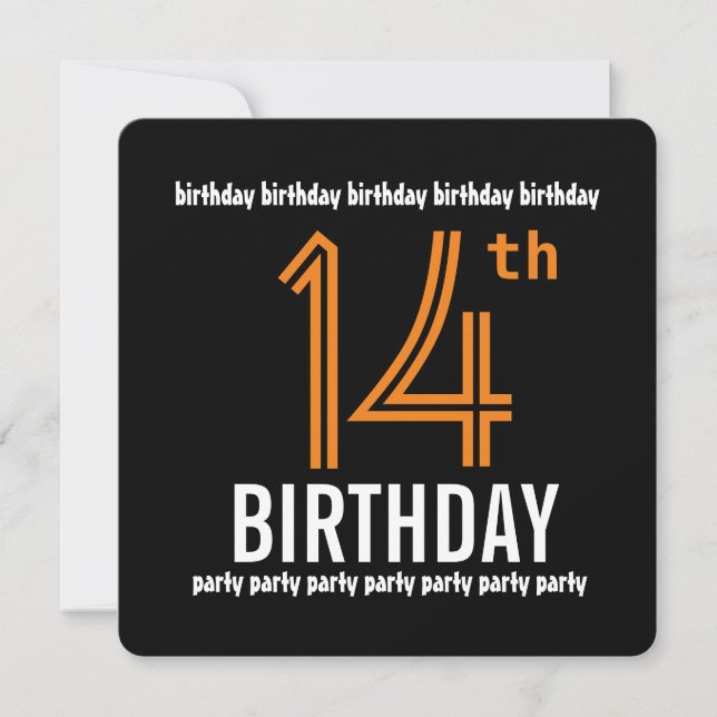 Invitación 14.ª fiesta de cumpleaños Naranja moderno y negro (Anverso)