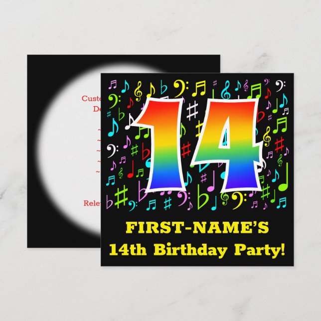 Invitación 14.ª fiesta de cumpleaños: símbolos de música dive (Anverso / Reverso)