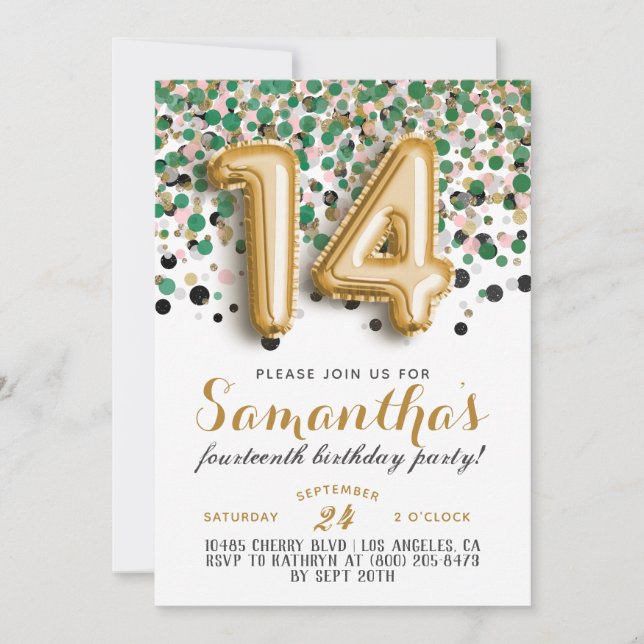 Invitación 14.º cumpleaños - Confetti (Anverso)