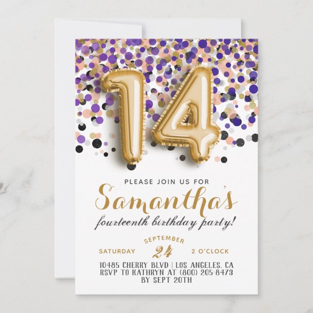 Invitación 14.º cumpleaños - Confetti (Anverso)