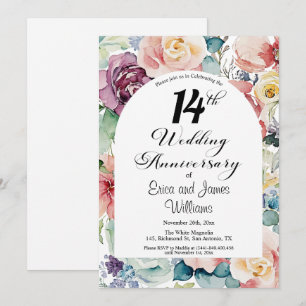 Invitación 14° Aniversario Boda Elegante Script Floral