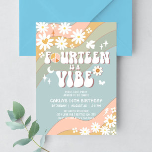 Invitación 14 es una Vibra Daisy Hippie Cumpleaños Retro 70s