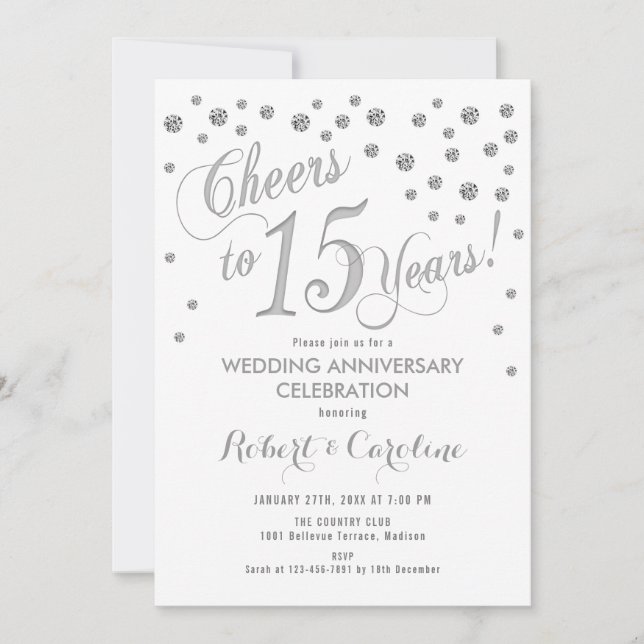 Invitación 15º Aniversario de Boda - Blanco Plata (Anverso)