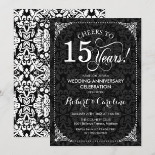 Invitación 15º Aniversario de Boda - Damask Blanco Negro