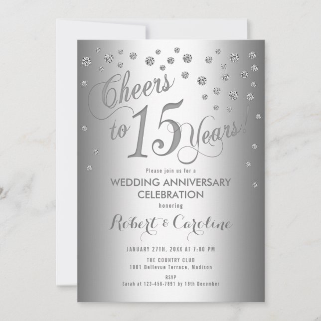 Invitación 15º Aniversario de Boda - Elegante Plata Blanco (Anverso)