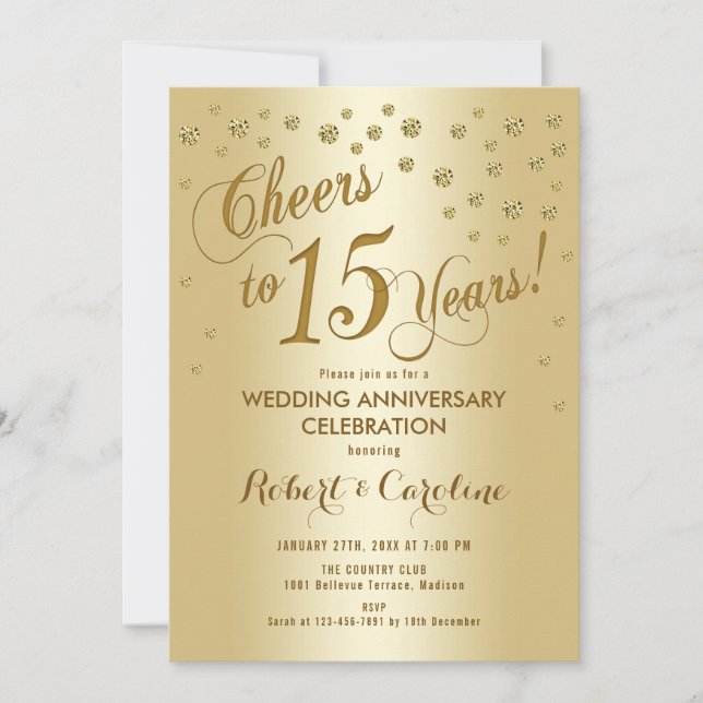 Invitación 15º Aniversario de Boda en Dorado (Anverso)