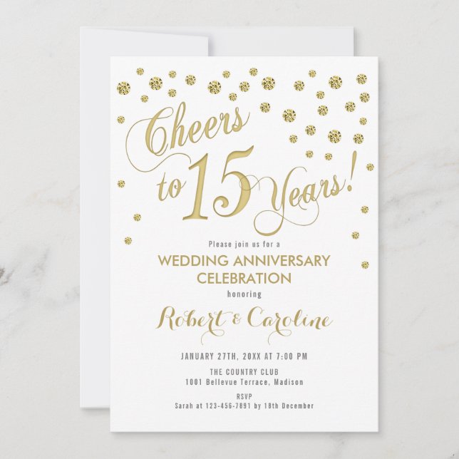 Invitación 15º Aniversario de Boda - Oro & Blanco (Anverso)