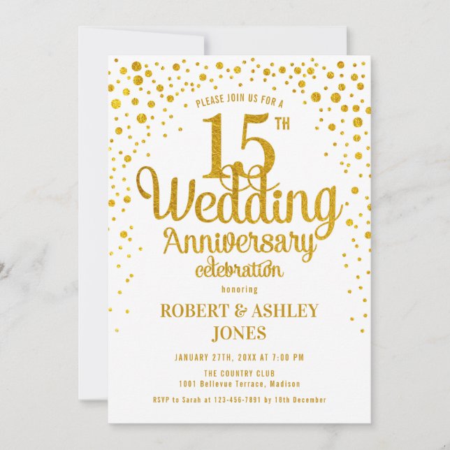 Invitación 15º Aniversario de Boda - Oro y Blanco (Anverso)