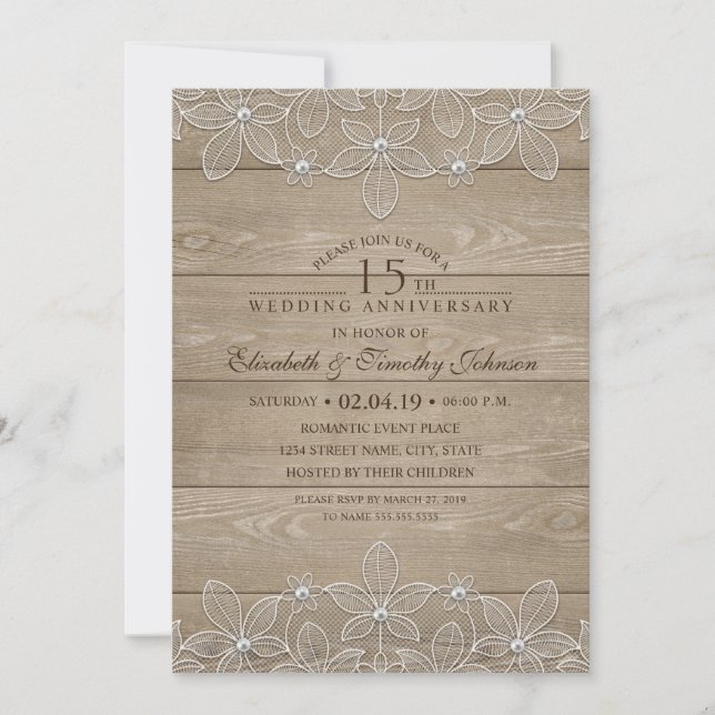 Invitación 15º Aniversario de Boda Rustico Madera Encaje Vint (Anverso)