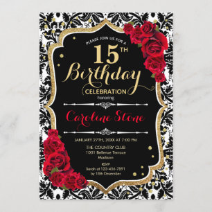 Invitación 15º cumpleaños - Damasco negro de oro de rosas roj