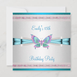 Invitación 15º Cumpleaños Mariposa Azul Teal Blanco Rosa