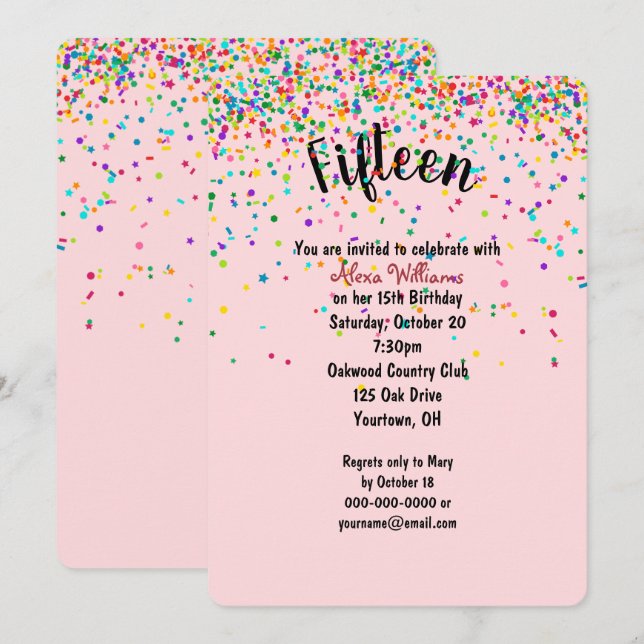 Invitación 15.ª confeti del partido de cumpleaños (Anverso / Reverso)