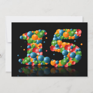 Invitación 15.ª fiesta de cumpleaños, con burbujas y bolas