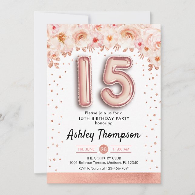 Invitación 15.ª Fiesta de Cumpleaños - Globos de Oro Rosa (Anverso)