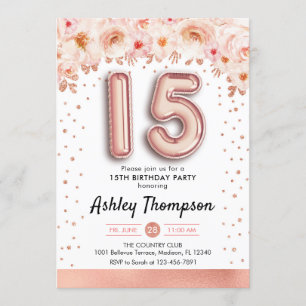 Invitación 15.ª Fiesta de Cumpleaños - Globos de Oro Rosa