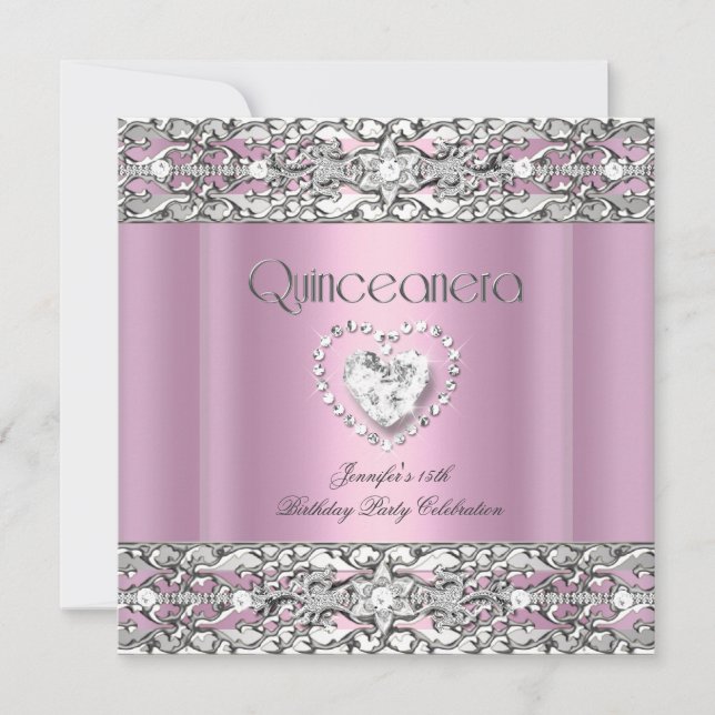 Invitación 15.ª Fiesta de cumpleaños Quinceanera Plata Rosa (Anverso)