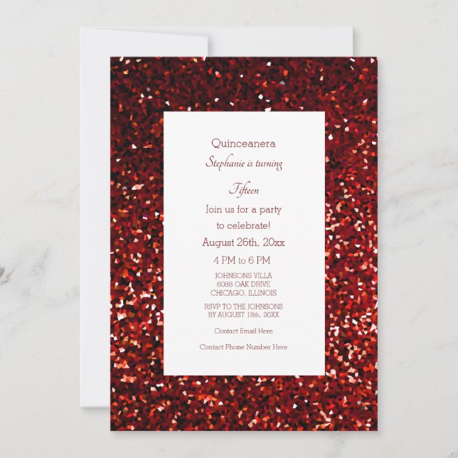 Invitación 15.º 15º cumpleaños Purpurina Rojo Borgoña 2024 (Anverso)