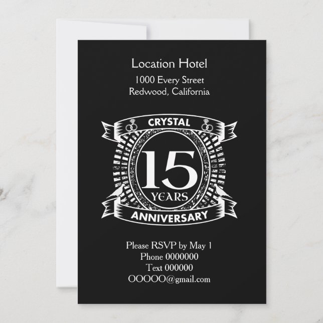 Invitación 15.º aniversario boda blanco y negro (Reverso)