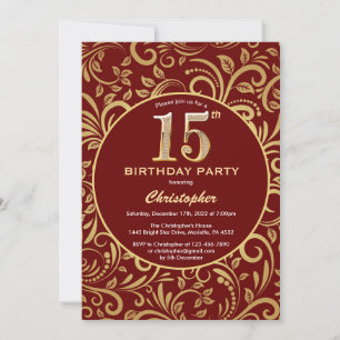 Invitación 15.º cumpleaños Burgundy Rojo y Patrón Floral de O