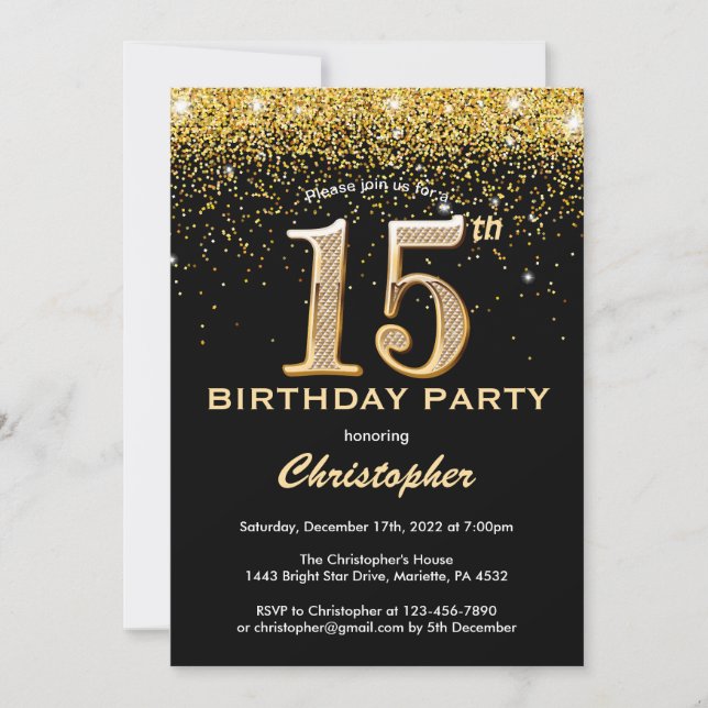 Invitación 15.º cumpleaños Confetti Purpurina de oro y negro (Anverso)