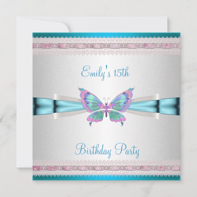 Invitación 15.º cumpleaños de la mariposa rosa azul Verde azu (Anverso)