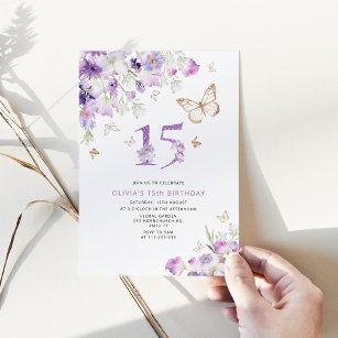 Invitación 15.º cumpleaños de las mariposas púrpura