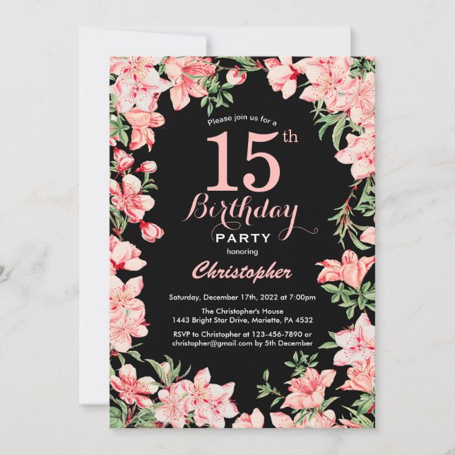 Invitación 15.º cumpleaños Flores de flores rosadas fondo neg (Anverso)