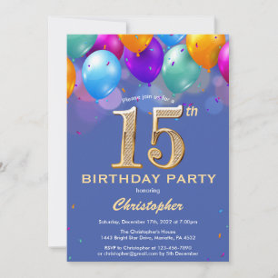 Invitación 15.º cumpleaños Globos de color azul y oro