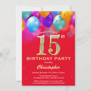 Invitación 15.º cumpleaños Globos de colores rojo y oro