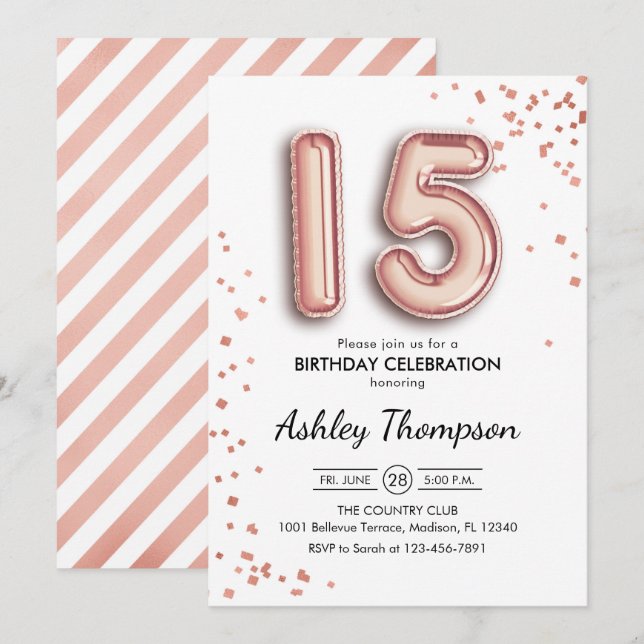 Invitación 15.º cumpleaños - Globos de oro Rosas (Anverso / Reverso)