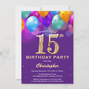 Invitación 15.º cumpleaños: Globos morados y dorados