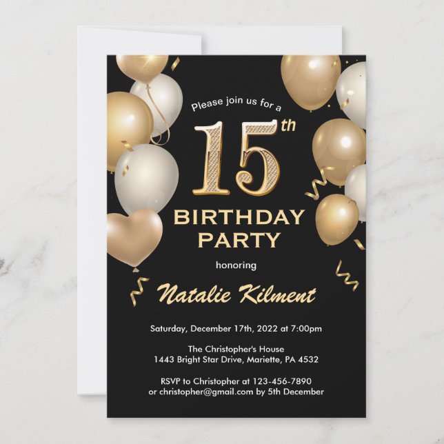 Invitación 15.º cumpleaños Globos Purpurinas de oro y negro (Anverso)