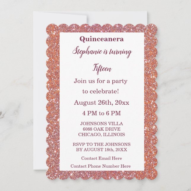 Invitación 15.º cumpleaños Naranja Quinceanera Purpurina rosa (Anverso)