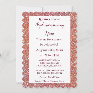 Invitación 15.º cumpleaños Naranja Quinceanera Purpurina rosa