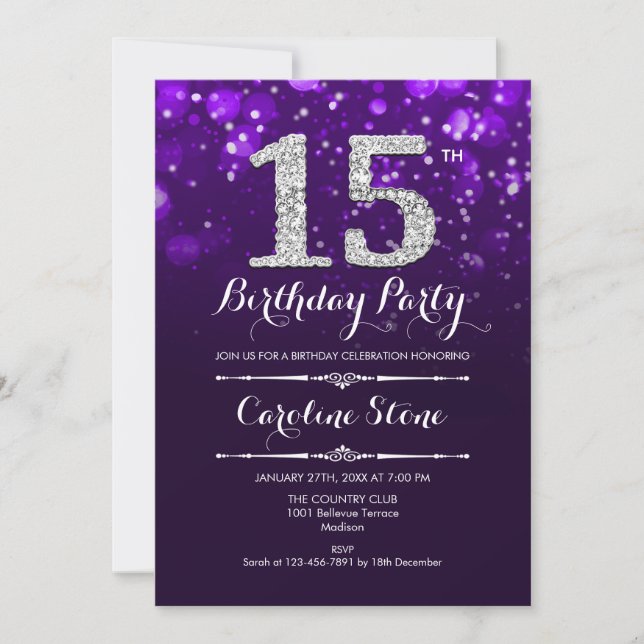 Invitación 15.º cumpleaños - Plata morada (Anverso)